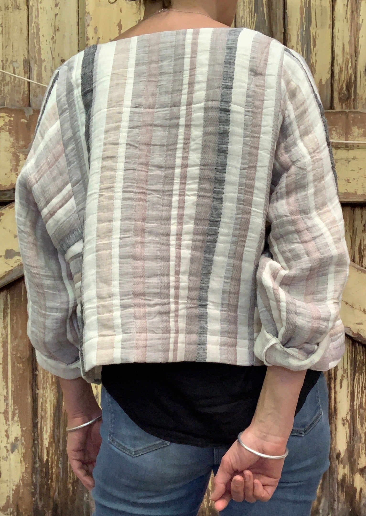 Model wearing vertical stripe Pekho double gauze cropped jacket