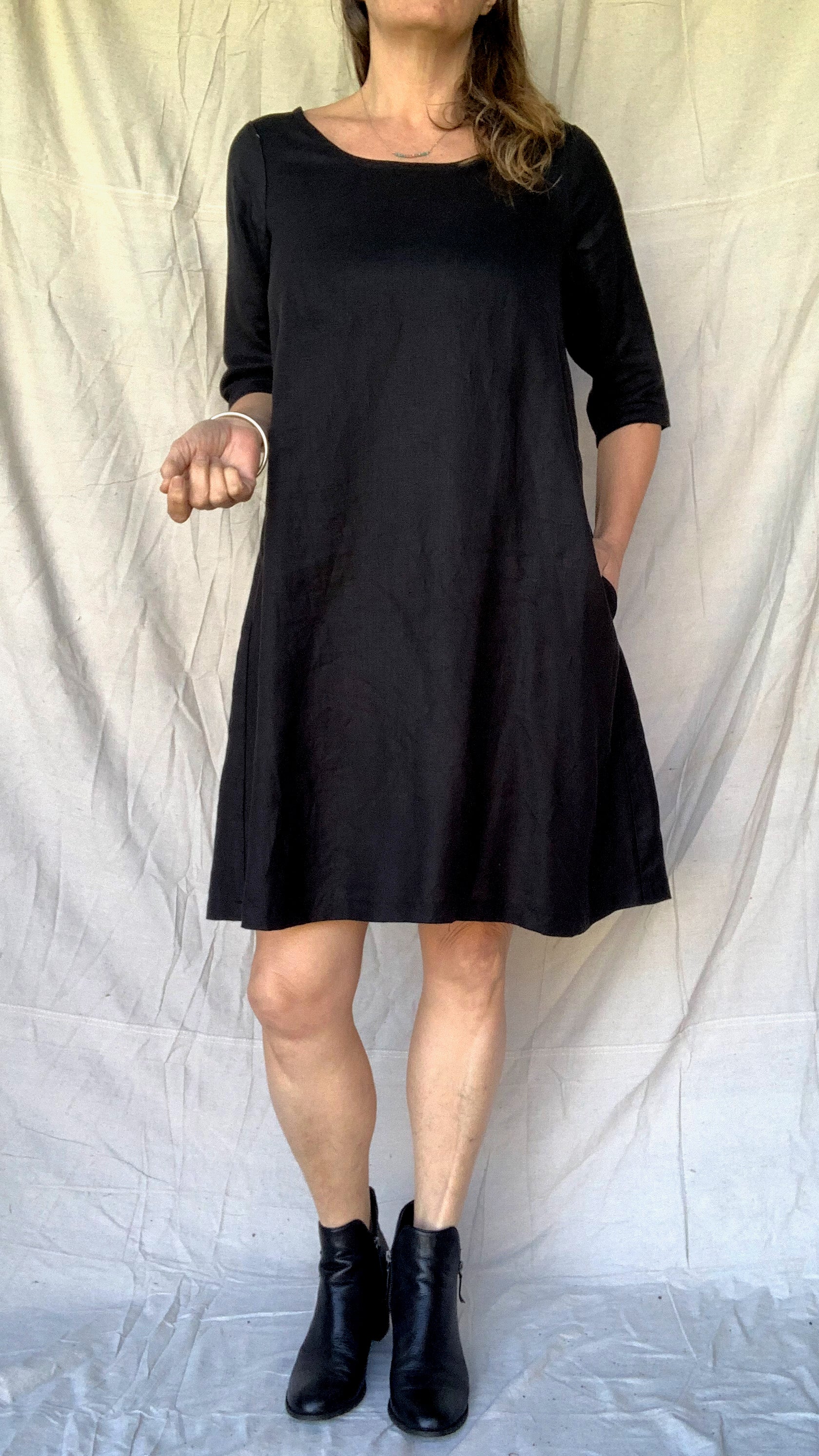 A-line Linen Dress with 3/4 Sleeve