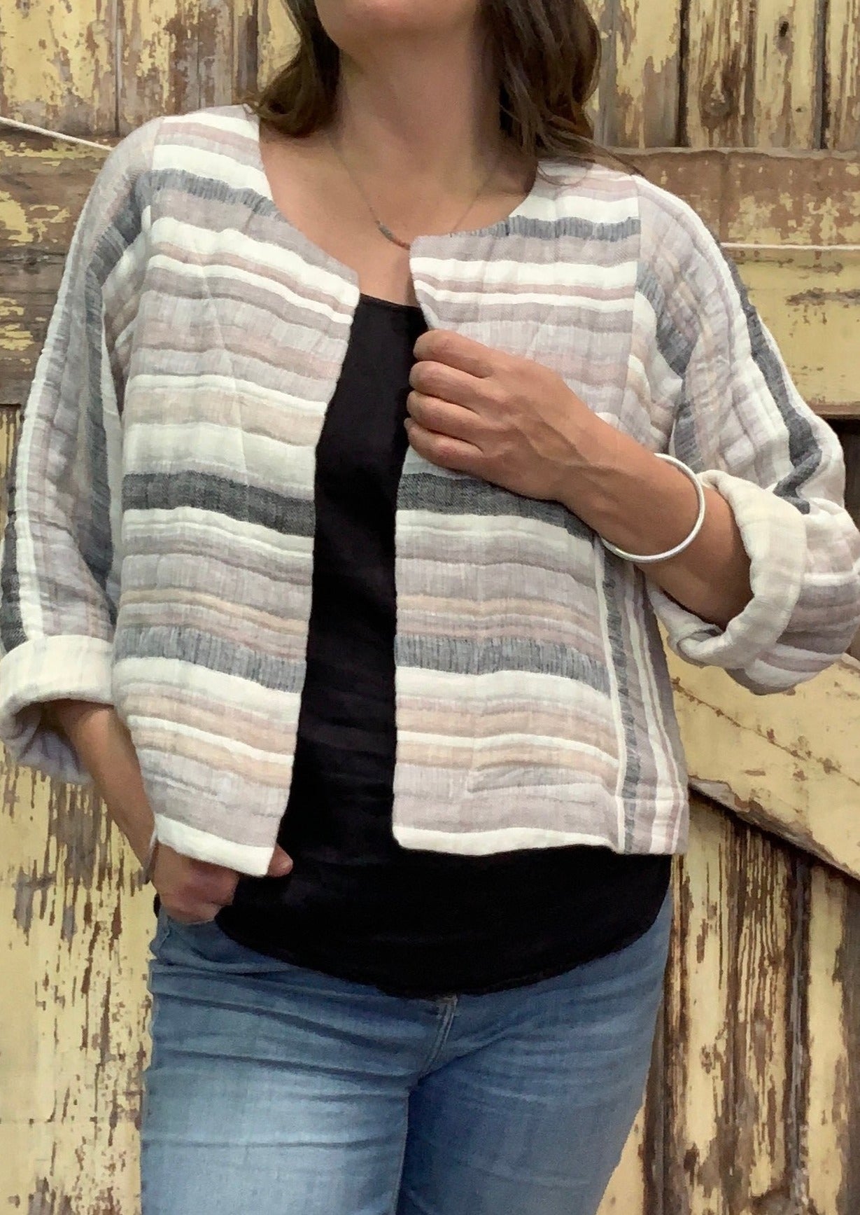 Pekho striped double faced gauze jacket.  The stripes are horizontal on this version.
